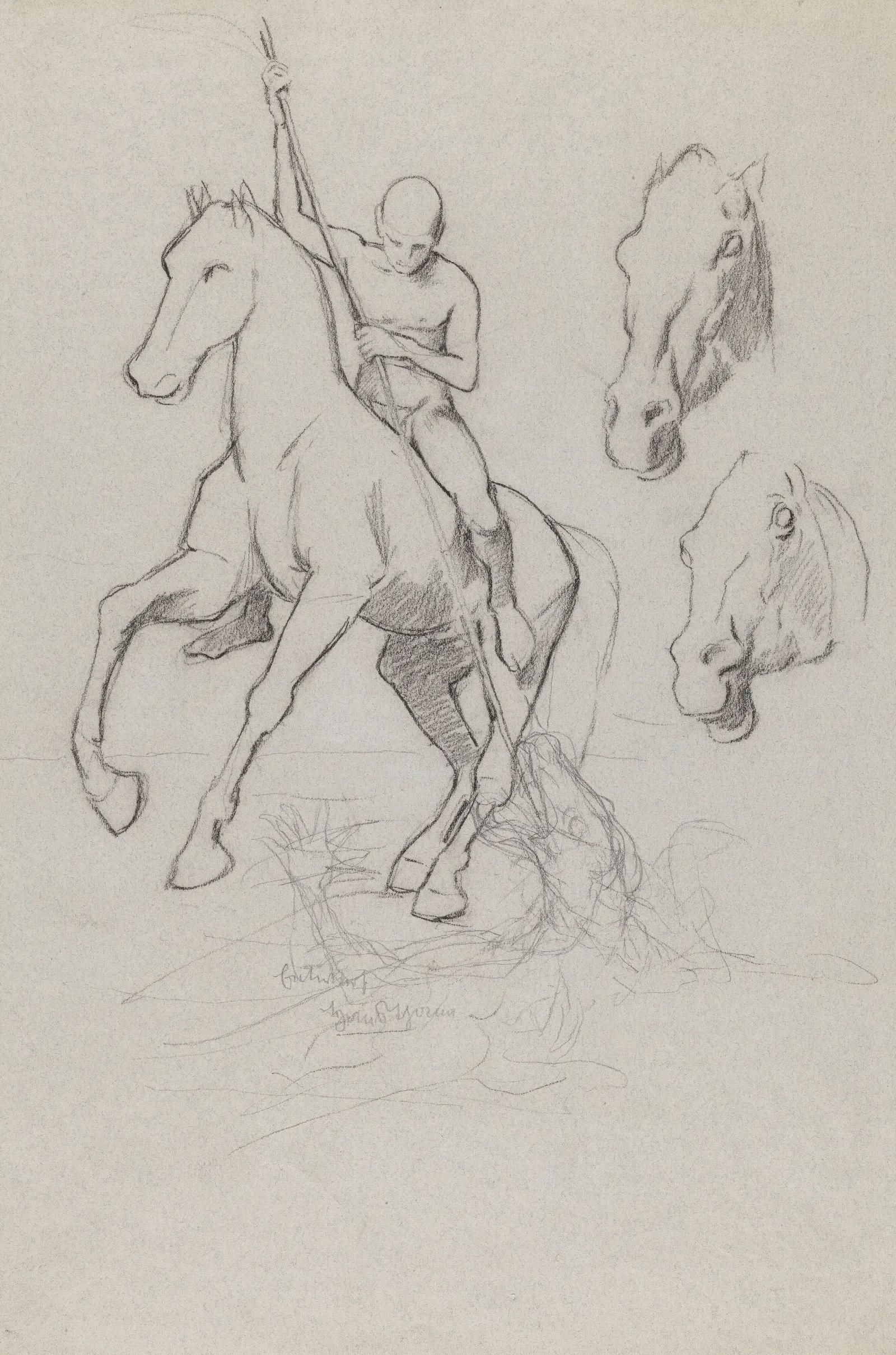 Man On A Horse Slaying A Dragon Two Studies Of Horses Heads Wall Art by Hans Thoma - Canvas Print
