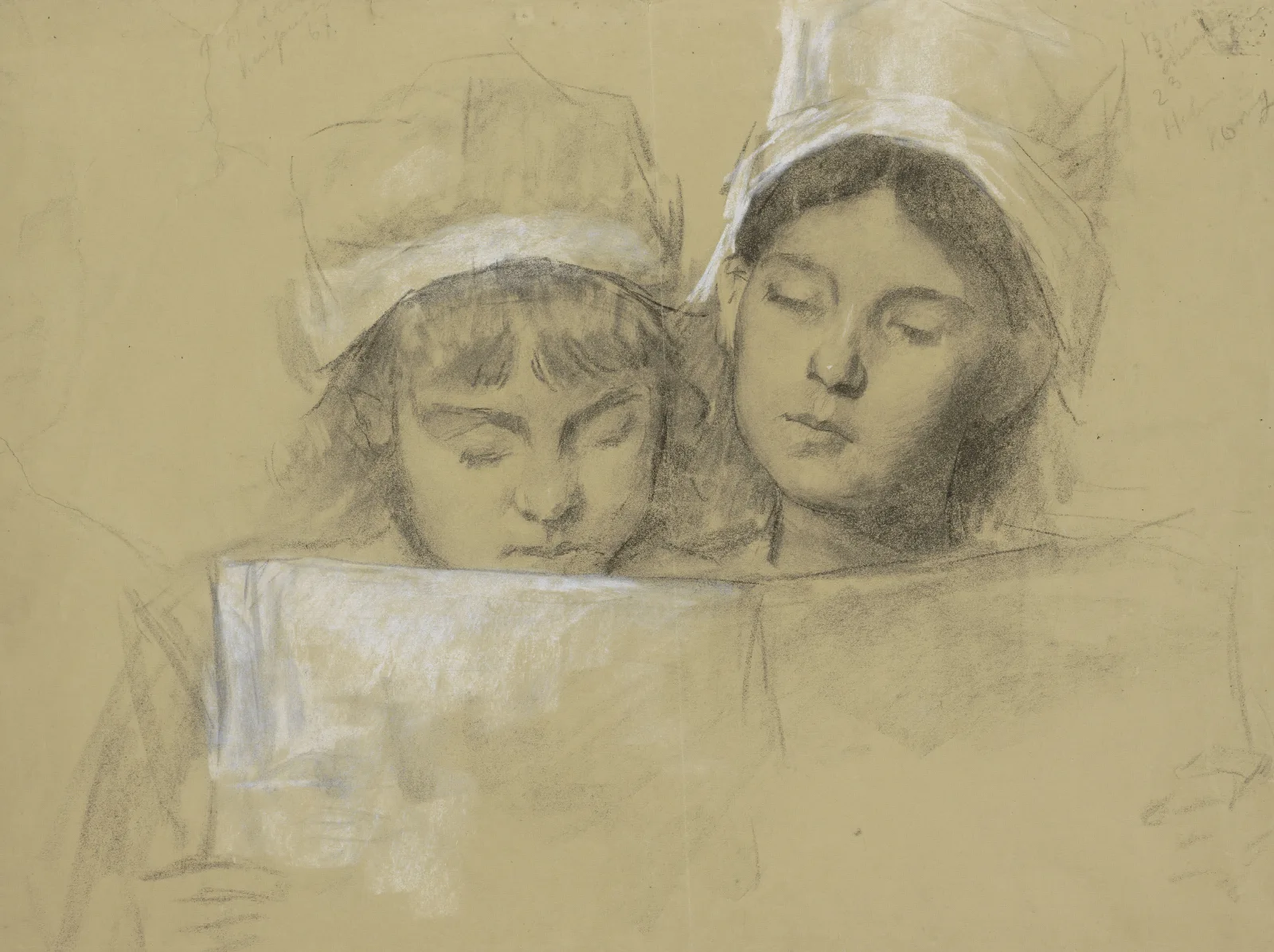 Twee Meisjes Met Witte Mutsen Lezend In Een Boek Wall Art by Thérèse Schwartze - Canvas Print