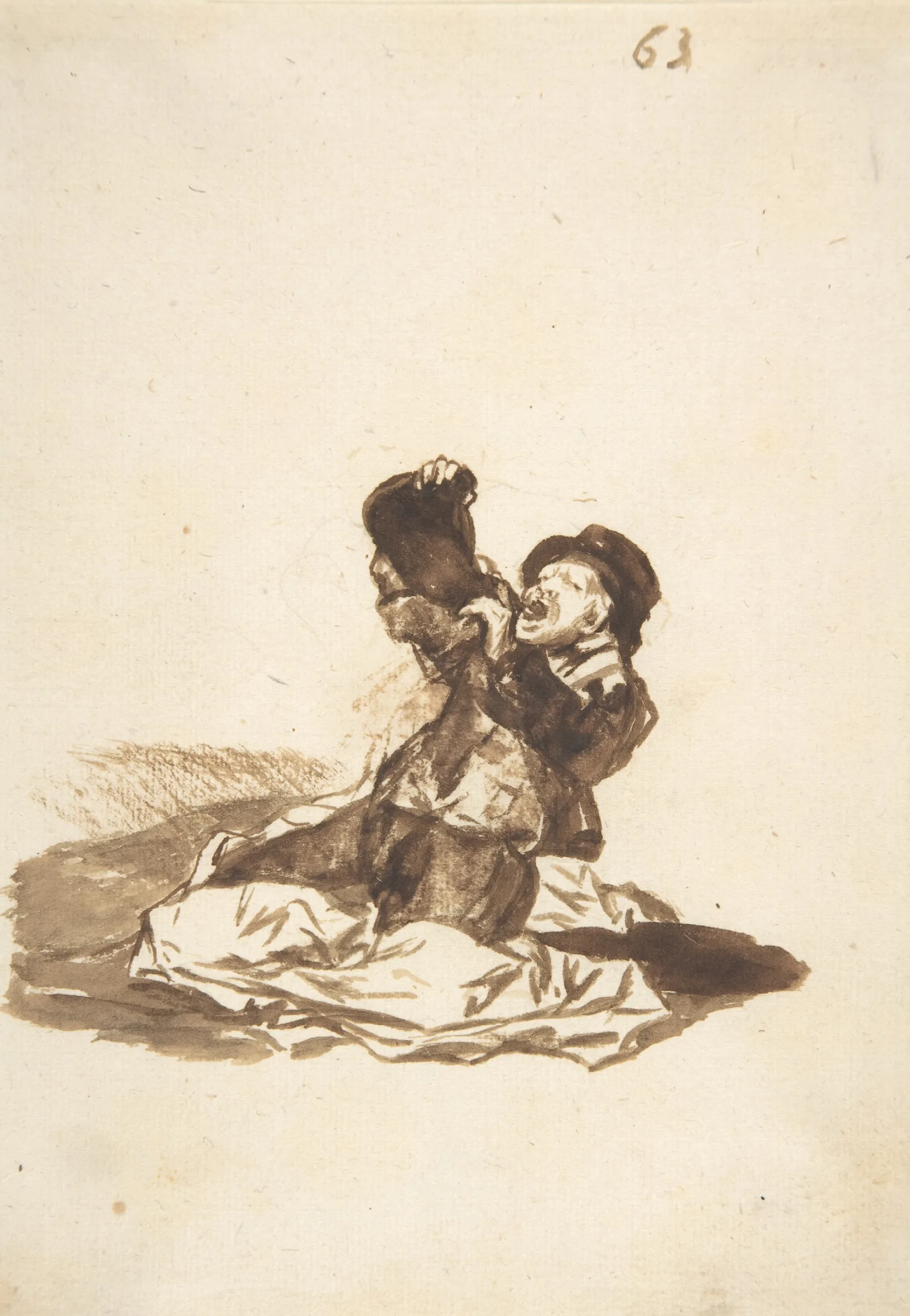 A Man On The Ground Drinking From A Wine Skin Wall Art by Francisco de Goya - Canvas Print