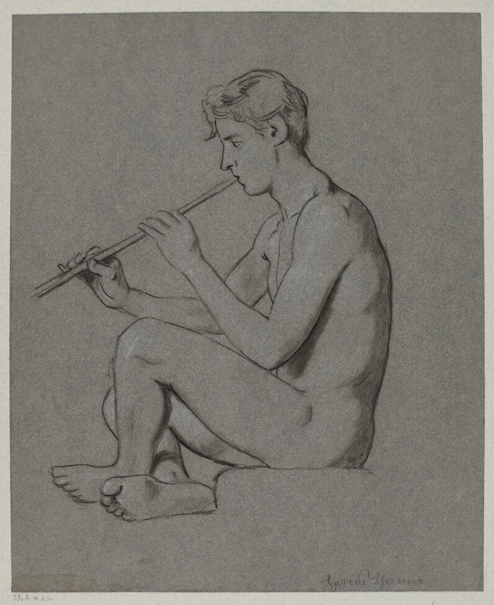 Nude Young Male Playing The Flute Wall Art by Hans Thoma - Canvas Print