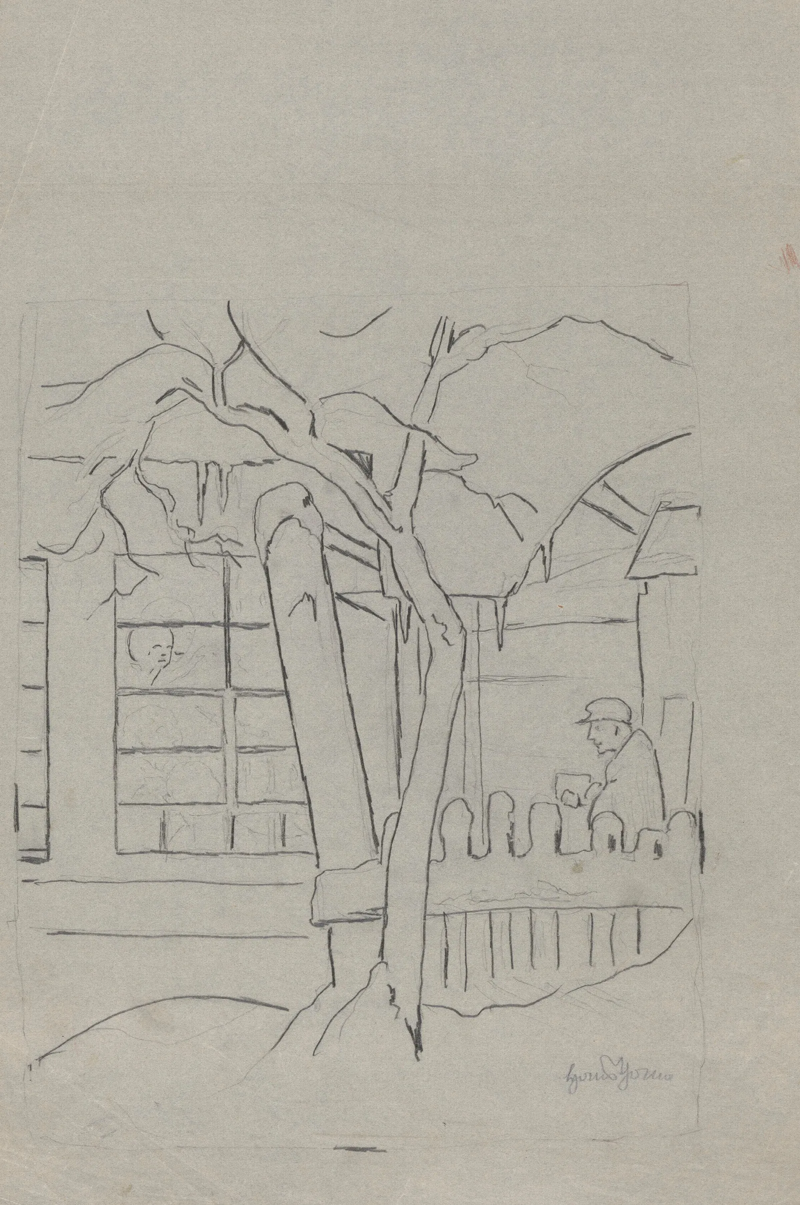 Farmhouse With A Tree A Fence And A Man In A Hat Standing Behind Them Wall Art by Hans Thoma - Canvas Print
