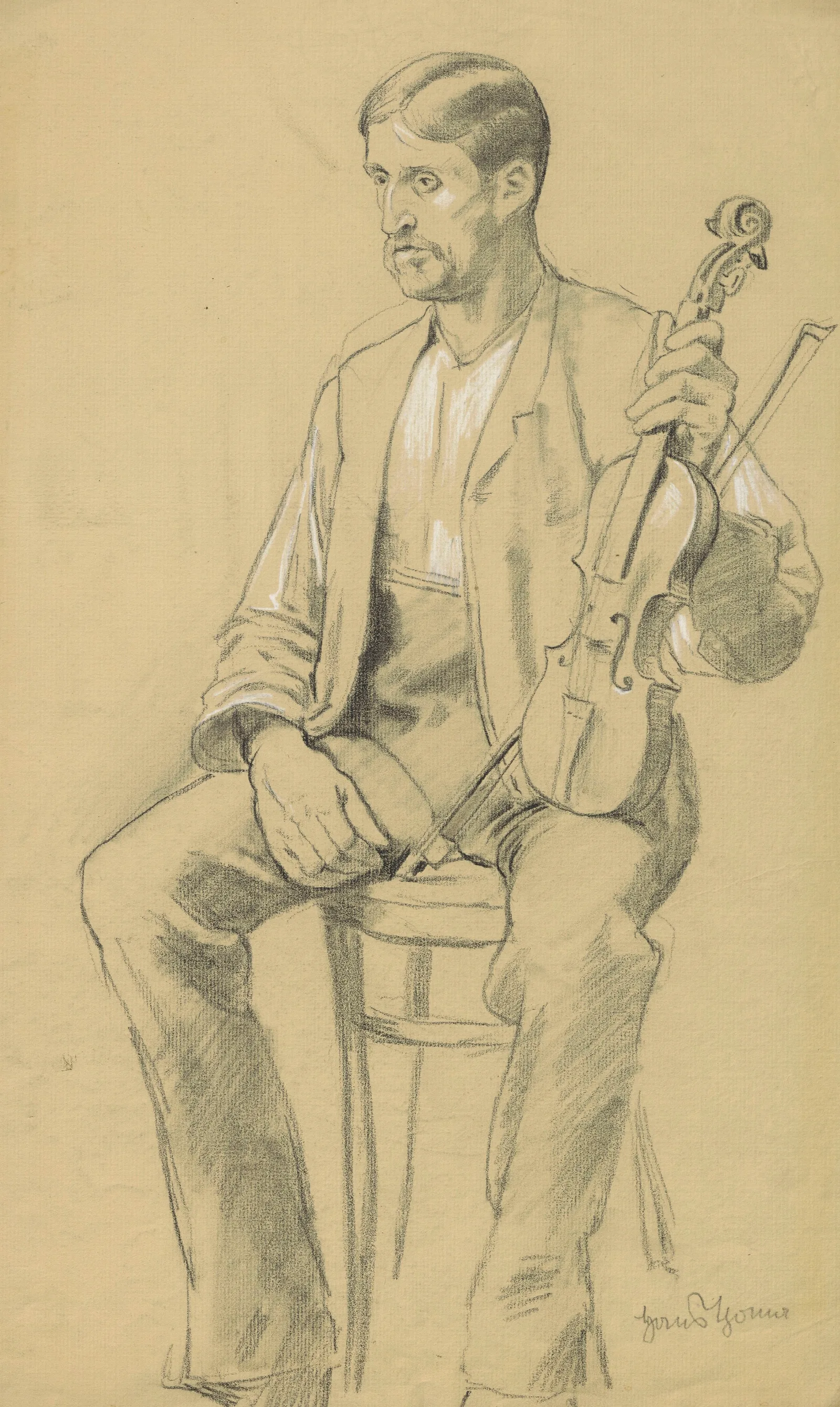 Study Of A Man Sitting On A Chair With A Violin And Bow On His Knee Wall Art by Hans Thoma - Canvas Print