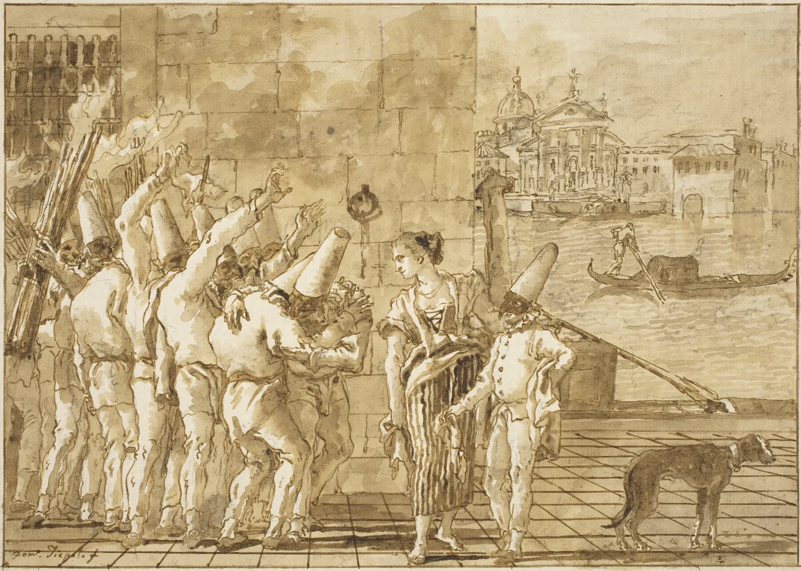 Punchinellos Farewell To Venice Wall Art by Giovanni Domenico Tiepolo - Canvas Print