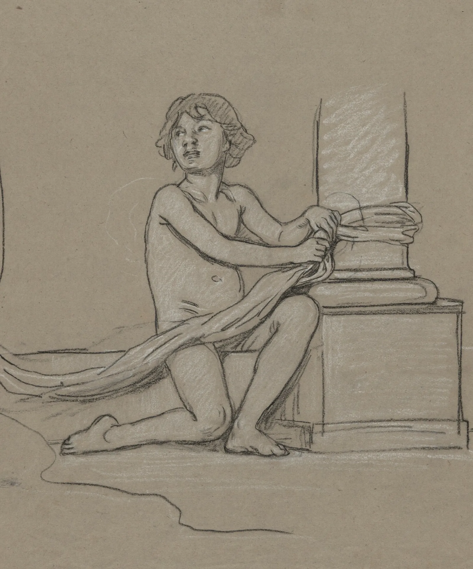 Study For Young Boy Crouching Next To Column Wall Art by Elihu Vedder - Canvas Print