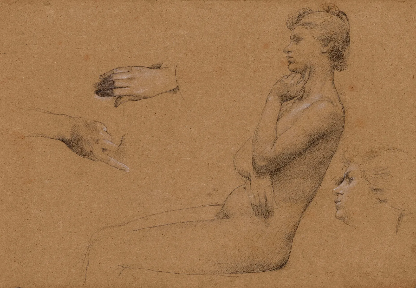 Nu De Femme Assise Et Etude De Mains Et De Visage Wall Art by Luc-Olivier Merson - Canvas Print