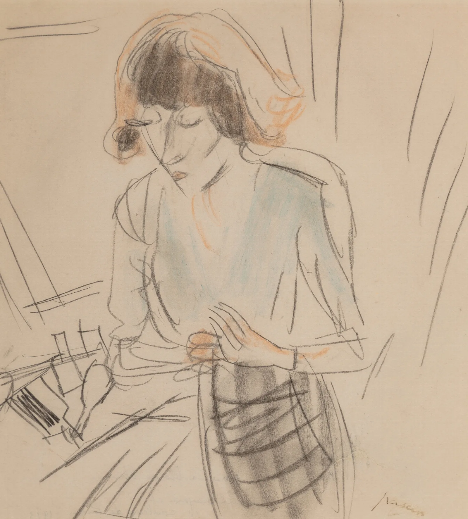 Hermine Blouse Bleue Wall Art by Jules Pascin - Canvas Print