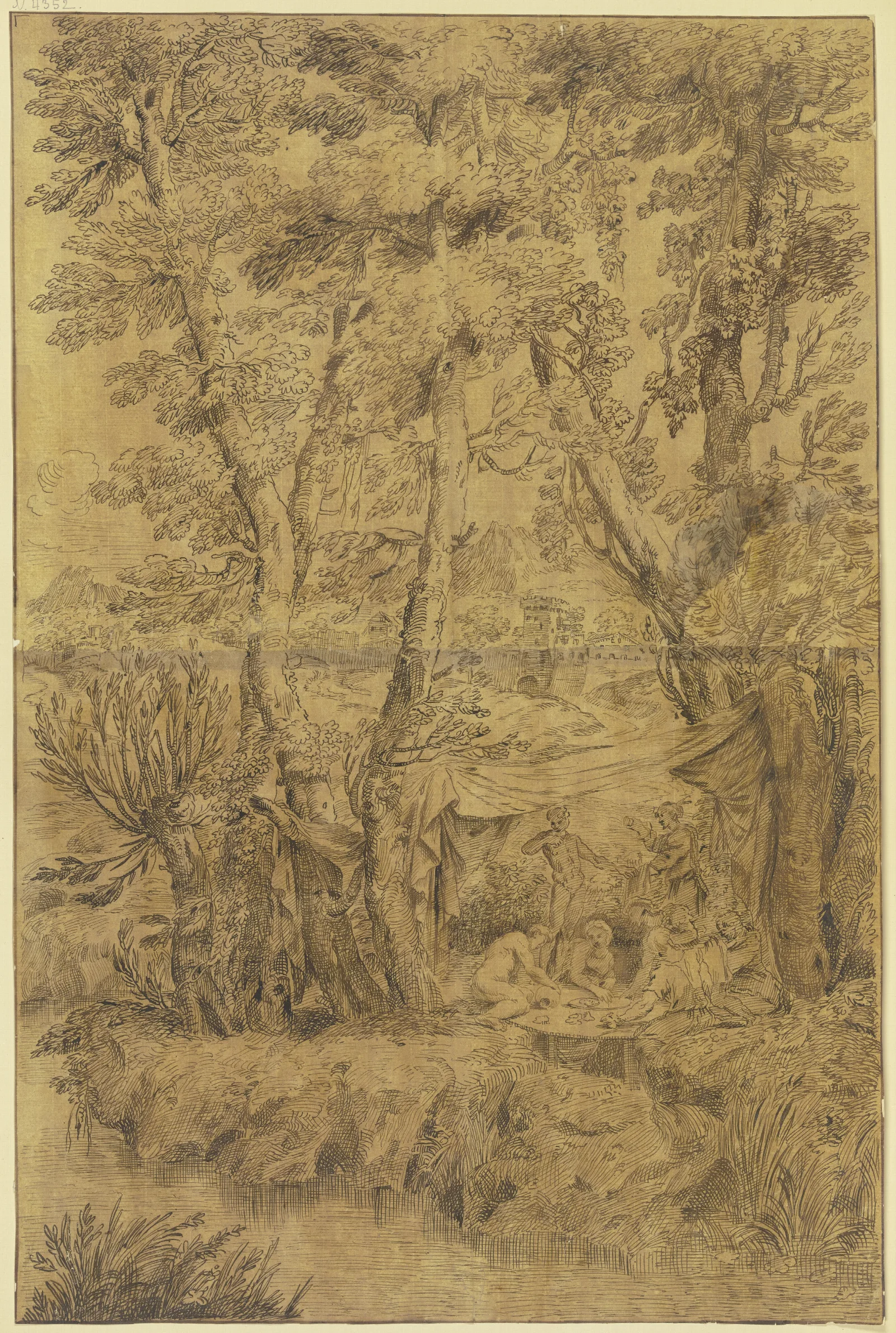 Unter Hohen Baumen Ein Zelt Unter Welchem Manner Und Frauen An Einem Tisch Eine Mahlzeit Einnehmen Wall Art by Salvator Rosa - Canvas Print
