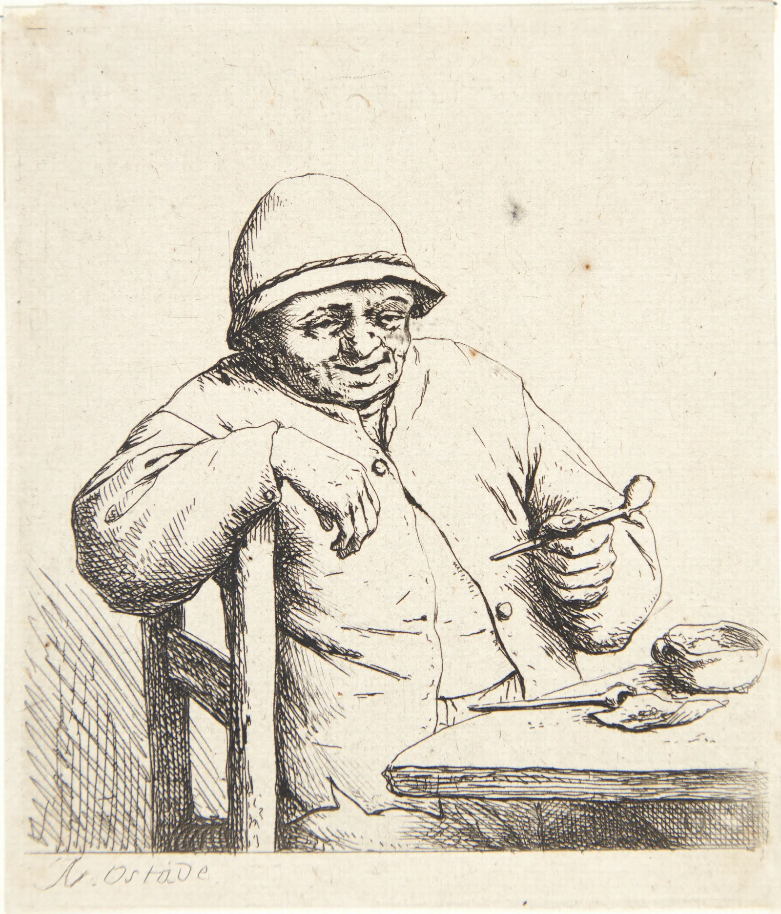 Farmer Sitting At A Table With A Pipe In His Hand Wall Art by Adriaen van Ostade - Canvas Print