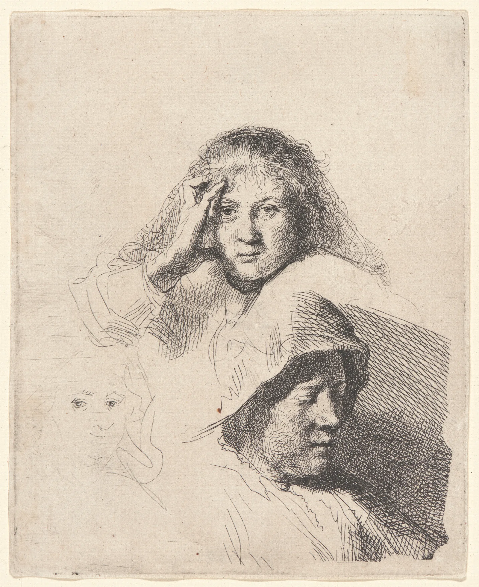 Three Heads Of Women One Lightly Etched Wall Art by Rembrandt van Rijn - Canvas Print