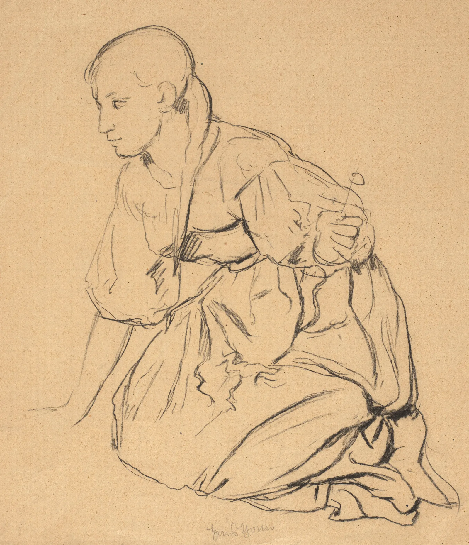 Study Of A Girl Kneeling In A Meadow Wall Art by Hans Thoma - Canvas Print