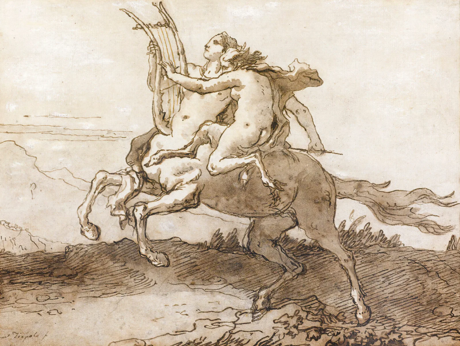 A Centaur Holding A Lyre Galloping With A Female Faun Wall Art by Giovanni Domenico Tiepolo - Canvas Print