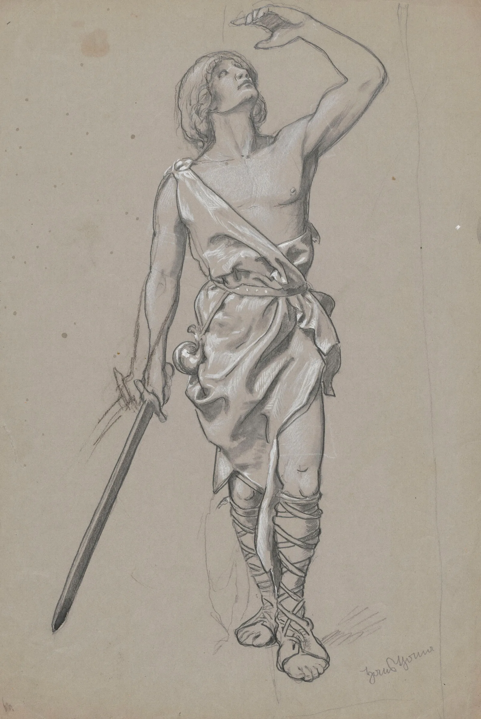 Man In A Robe With Uncovered Torso Hunting Horn By His Side And A Sword In His Right Wall Art by Hans Thoma - Canvas Print