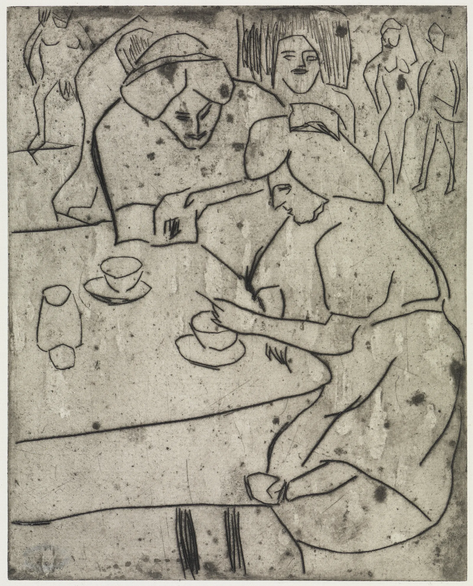 Madchen Einer Anderen Den Bauch Frottierendmadchen Am Kaffeetisch Wall Art by Ernst Ludwig Kirchner - Canvas Print