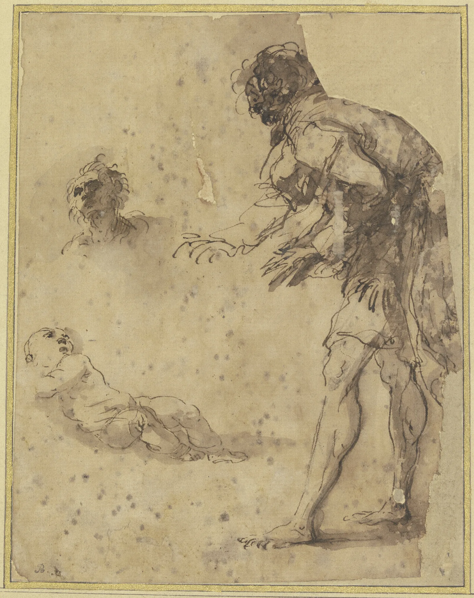 A Man Looks Down At An Infant Lying On The Ground Above There Is A Head Study Wall Art by Salvator Rosa - Canvas Print
