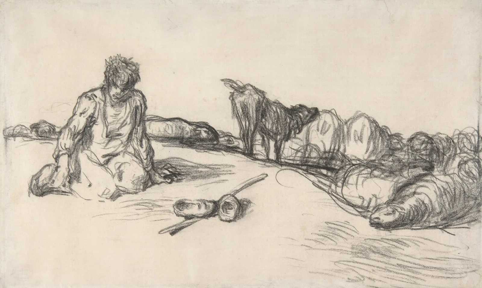 A Seated Shepherd With His Dog And Sheep Wall Art by Jean-François Millet - Canvas Print