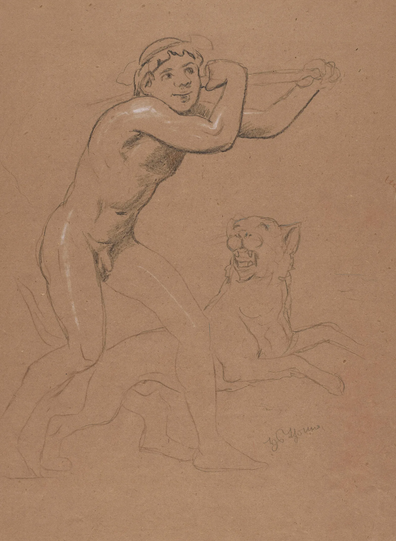 Naked Boy With A Tiger Wall Art by Hans Thoma - Canvas Print