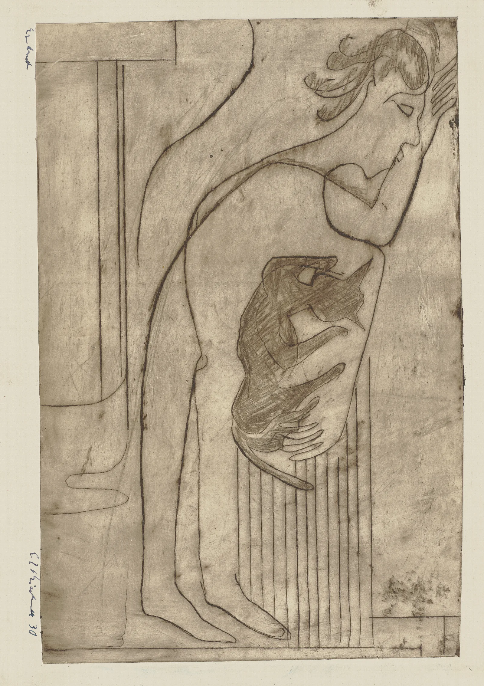 Schlafender Mit Katze Ii Wall Art by Ernst Ludwig Kirchner - Canvas Print