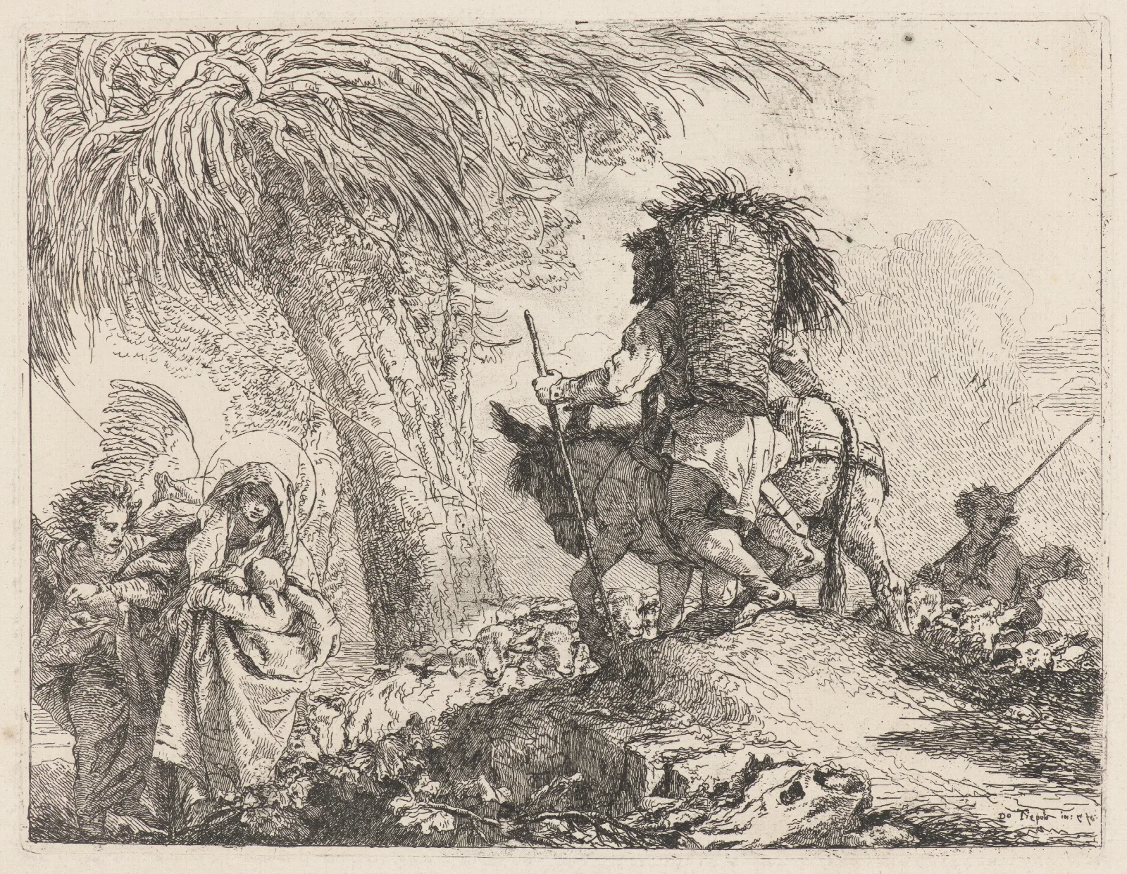 The Flight Joseph At Right And Mary And Angel At Left Wall Art by Giovanni Domenico Tiepolo - Canvas Print