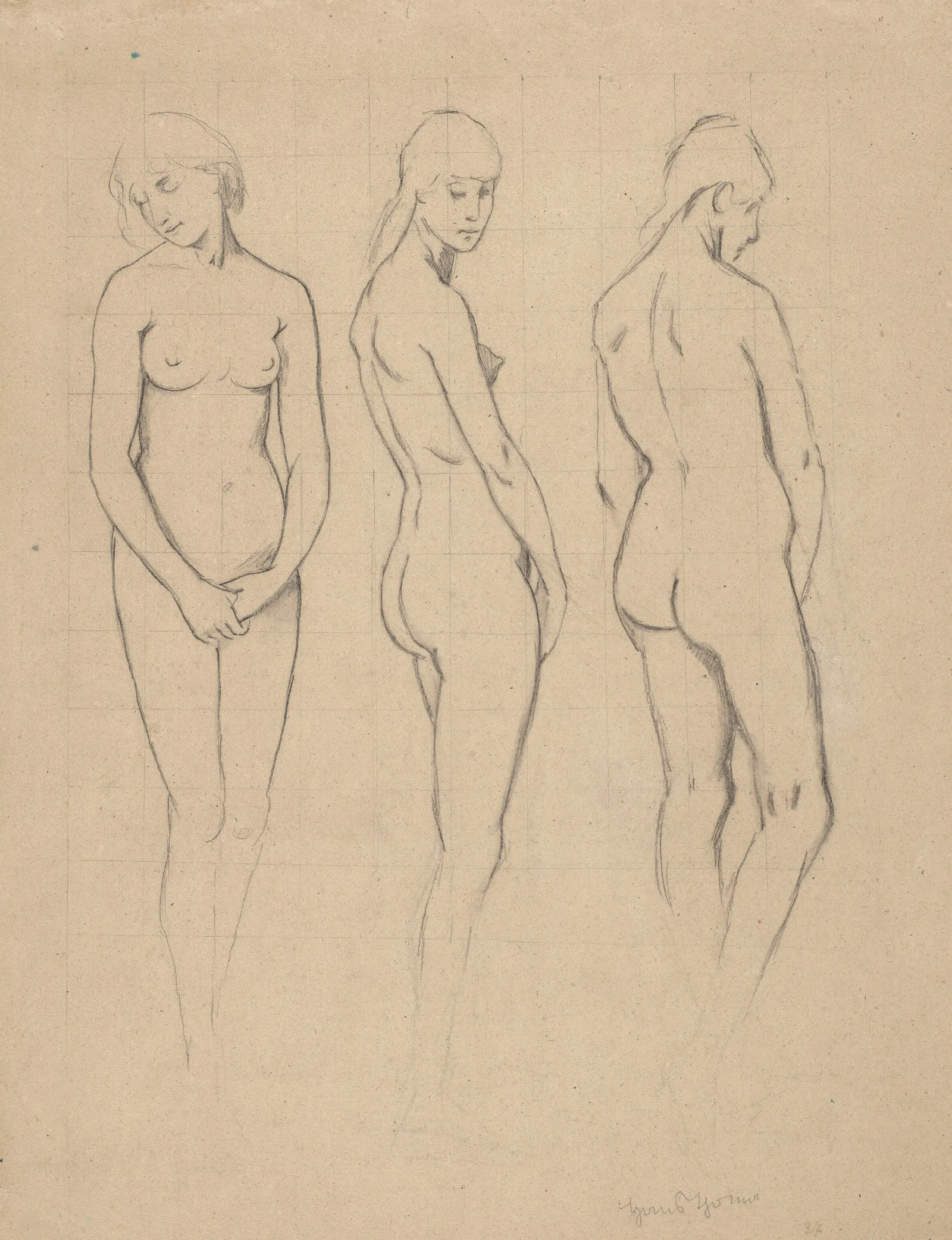 Female Nude Three Studies Of The Model Wall Art by Hans Thoma - Canvas Print