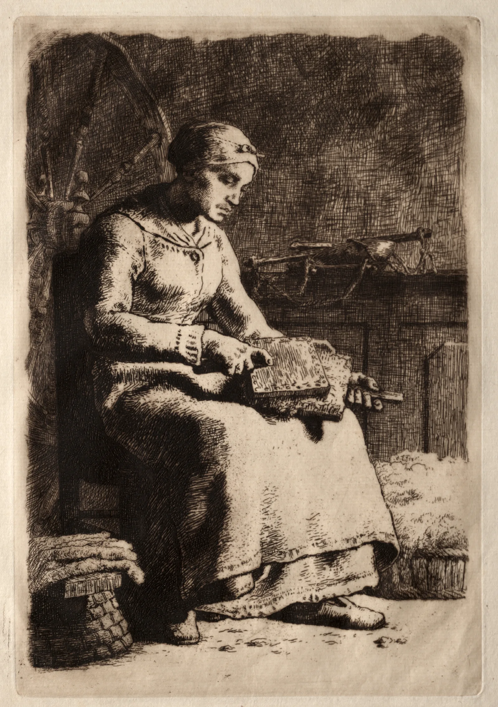 Woman Carding Wool Wall Art by Jean-François Millet - Canvas Print