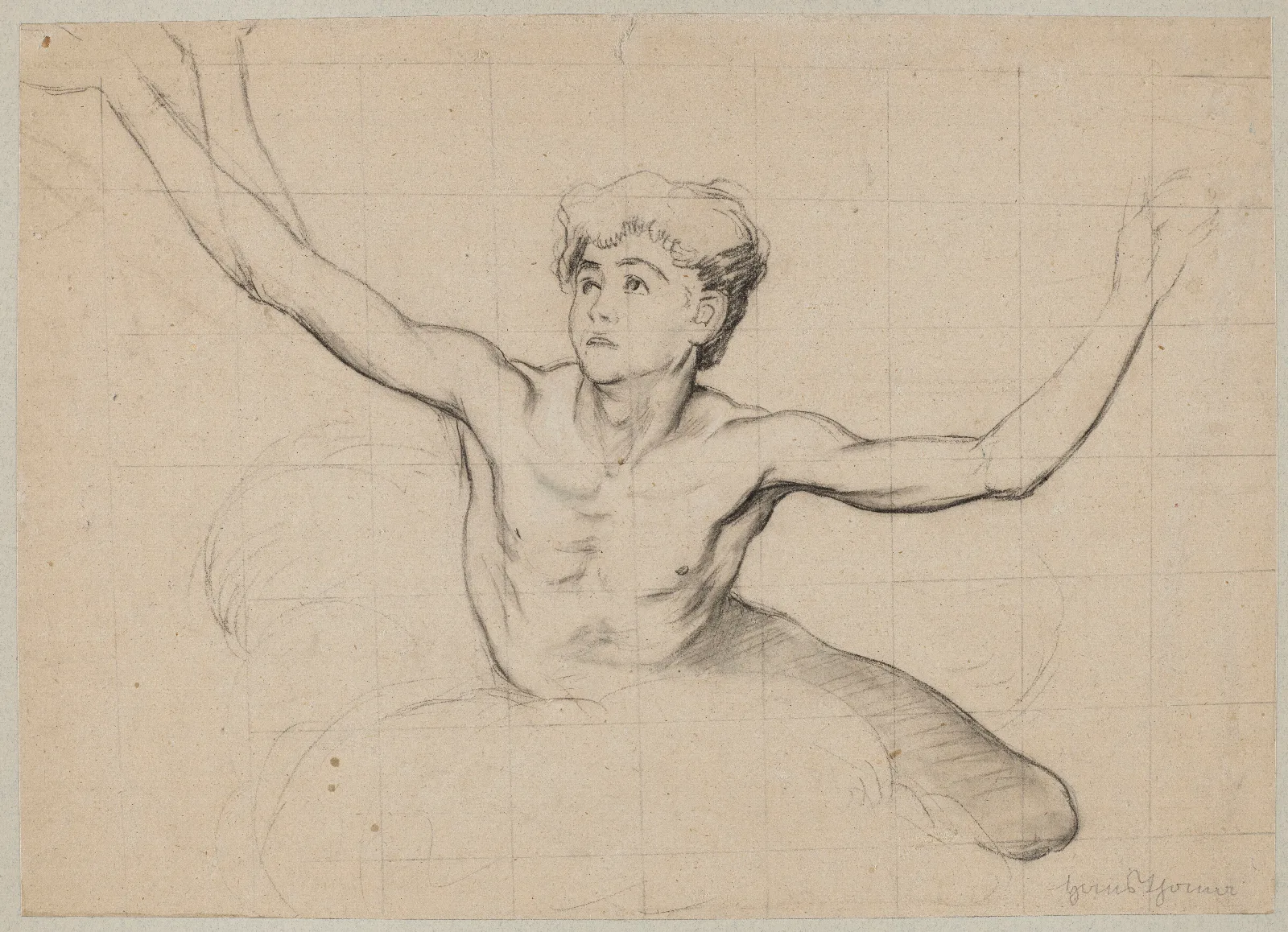 Study Of The Figure Of Semi Nude Young Man With Outstretched Hands Wall Art by Hans Thoma - Canvas Print
