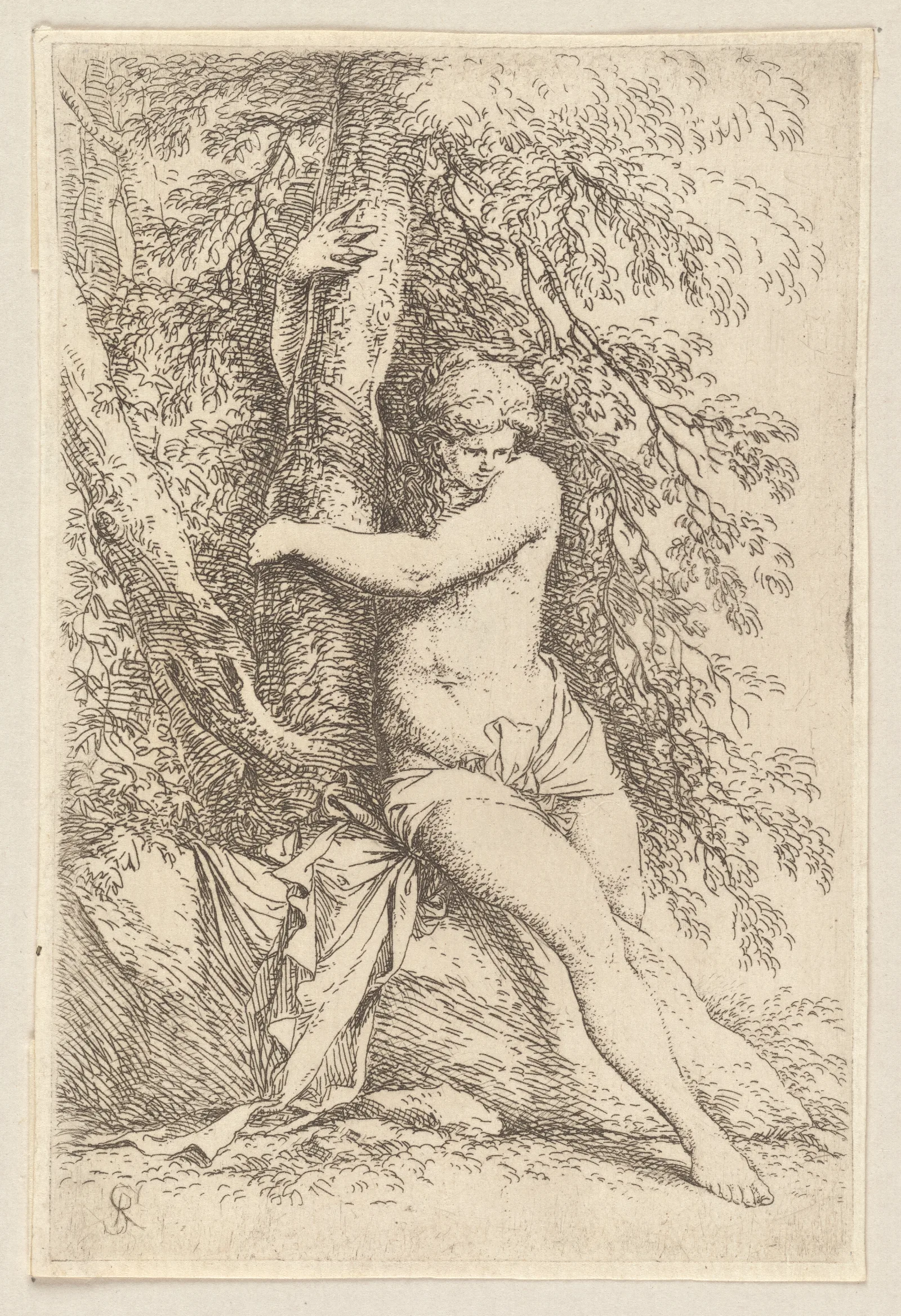 Nude Seated Holding Onto A Tree Wall Art by Salvator Rosa - Canvas Print