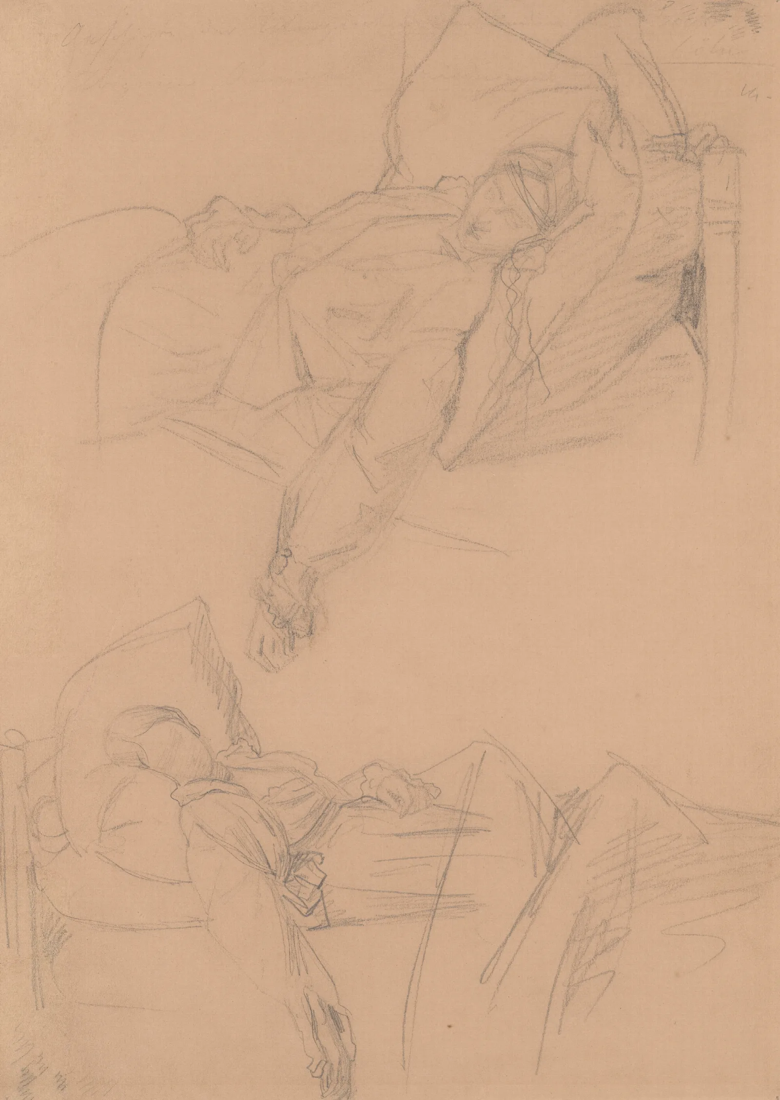 Two Sketches Of Barbara Lying In Bed For The Painting Death Of Barbara Radziwill Wall Art by Józef Simmler - Canvas Print