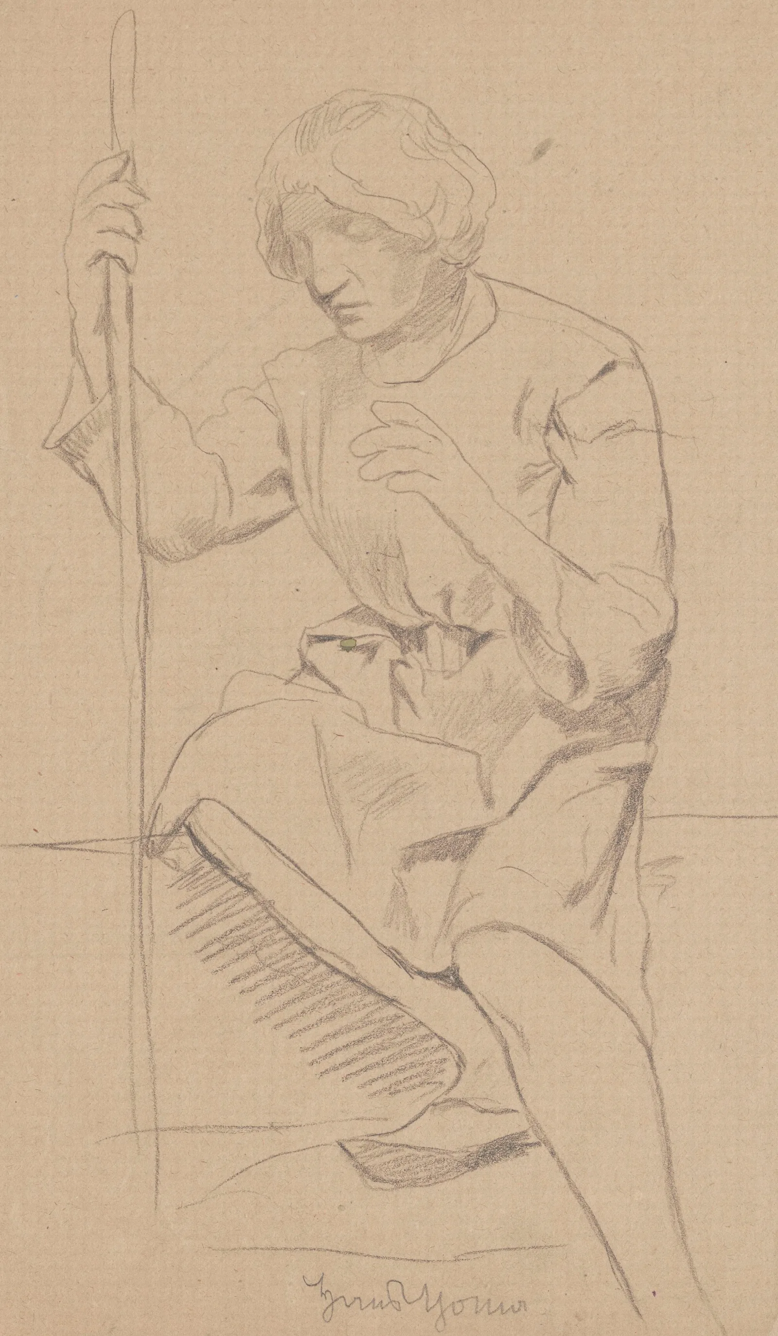 Study Of The Figure Of A Sitting Young Man In A Robe To His Knees Holding A Stick In His Right Hand Wall Art by Hans Thoma - Canvas Print