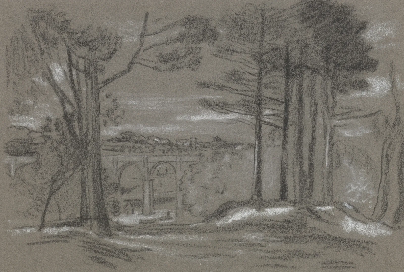 Landscape With Pines And Aqueduct Wall Art by Arthur Bowen Davies - Canvas Print