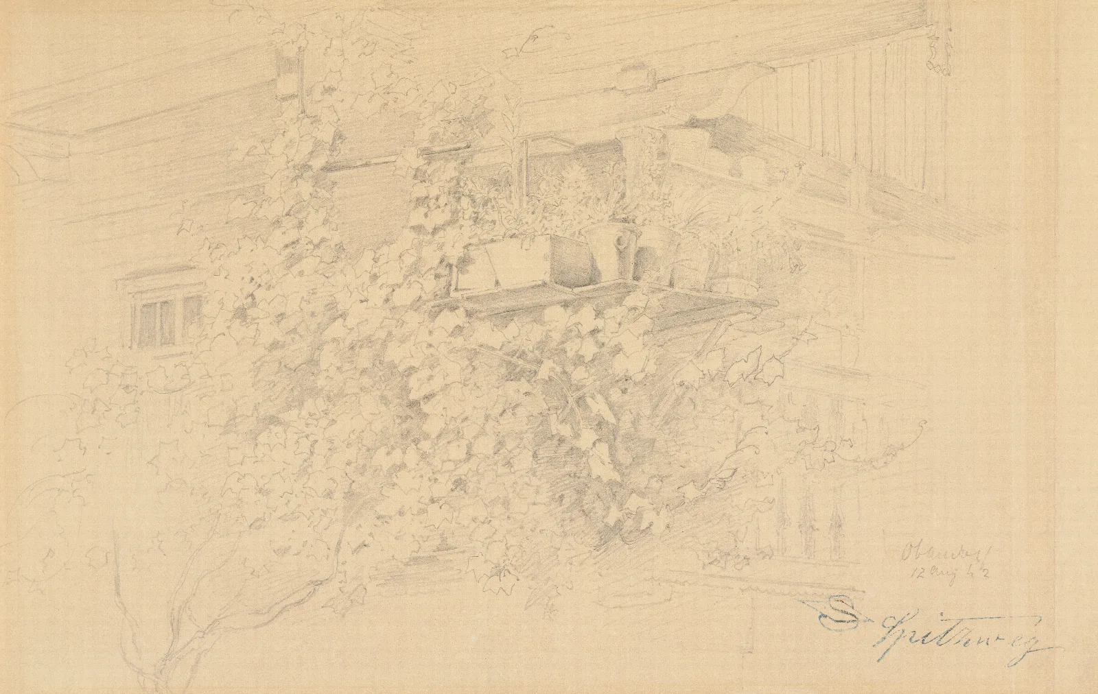 Ecke Eines Bauernhauses Mit Rankendem Weinlaub Und Blumentopfen Wall Art by Carl Spitzweg - Canvas Print