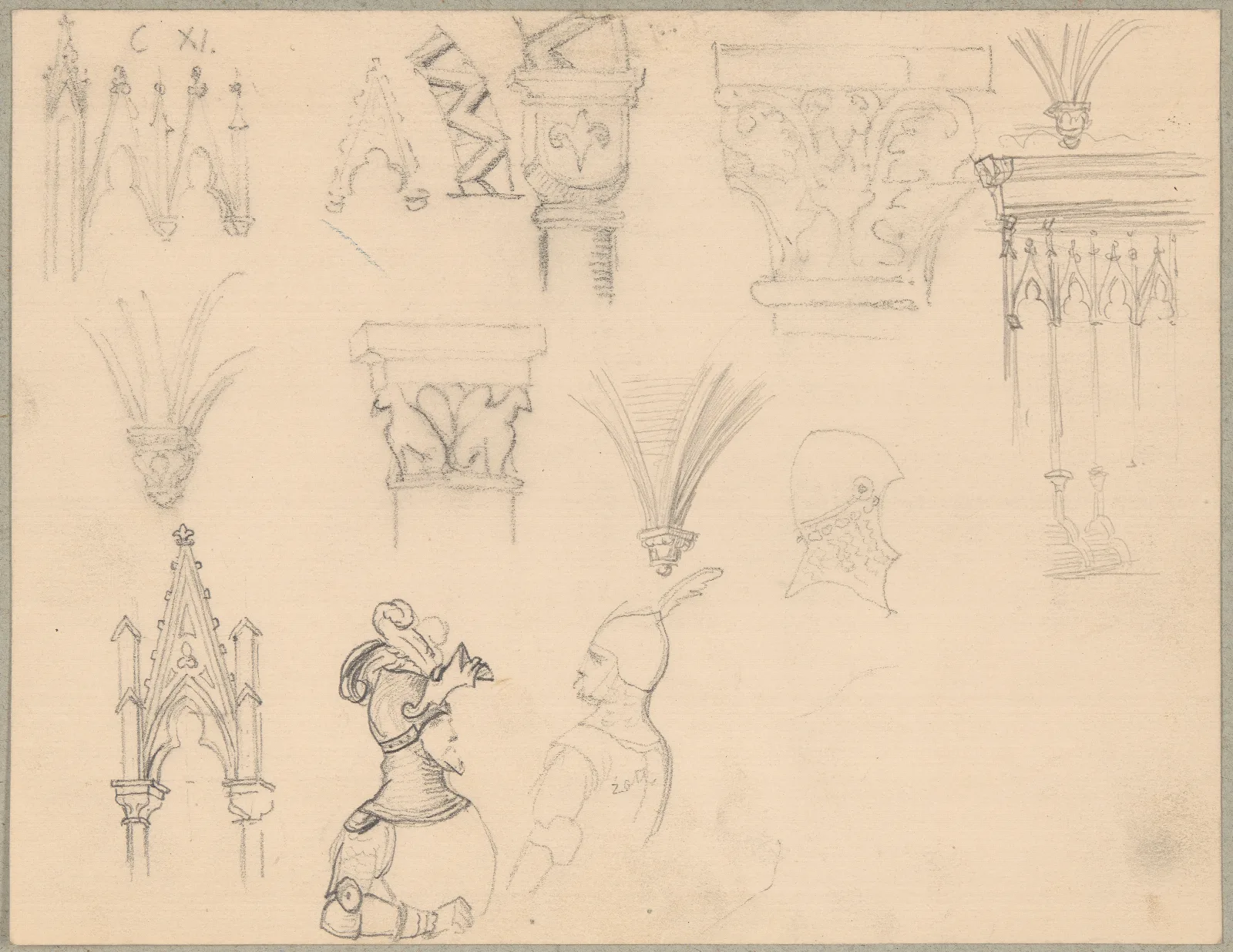 Sketches Of Roman And Gothic Architectural Details And Medieval Armour Wall Art by Józef Simmler - Canvas Print