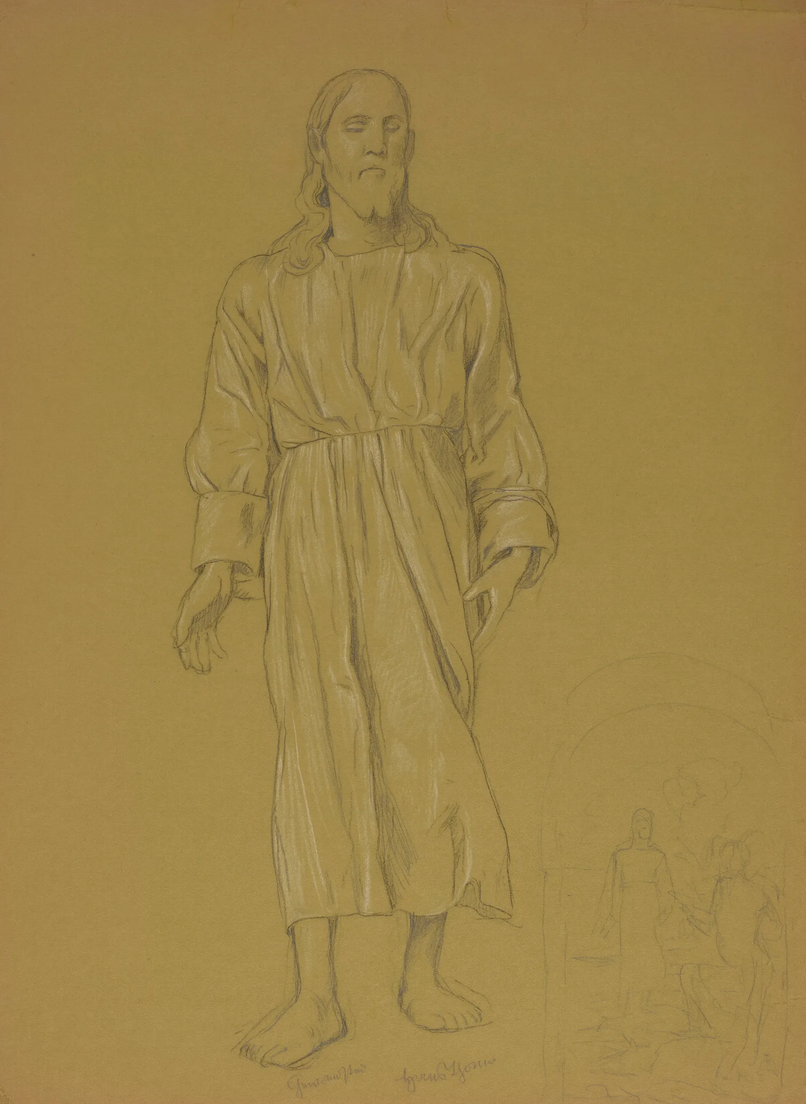 Study Of The Figure Of Christ Next To It At The Bottom A Sketch For The Painting Baptism Of Christ Wall Art by Hans Thoma - Canvas Print