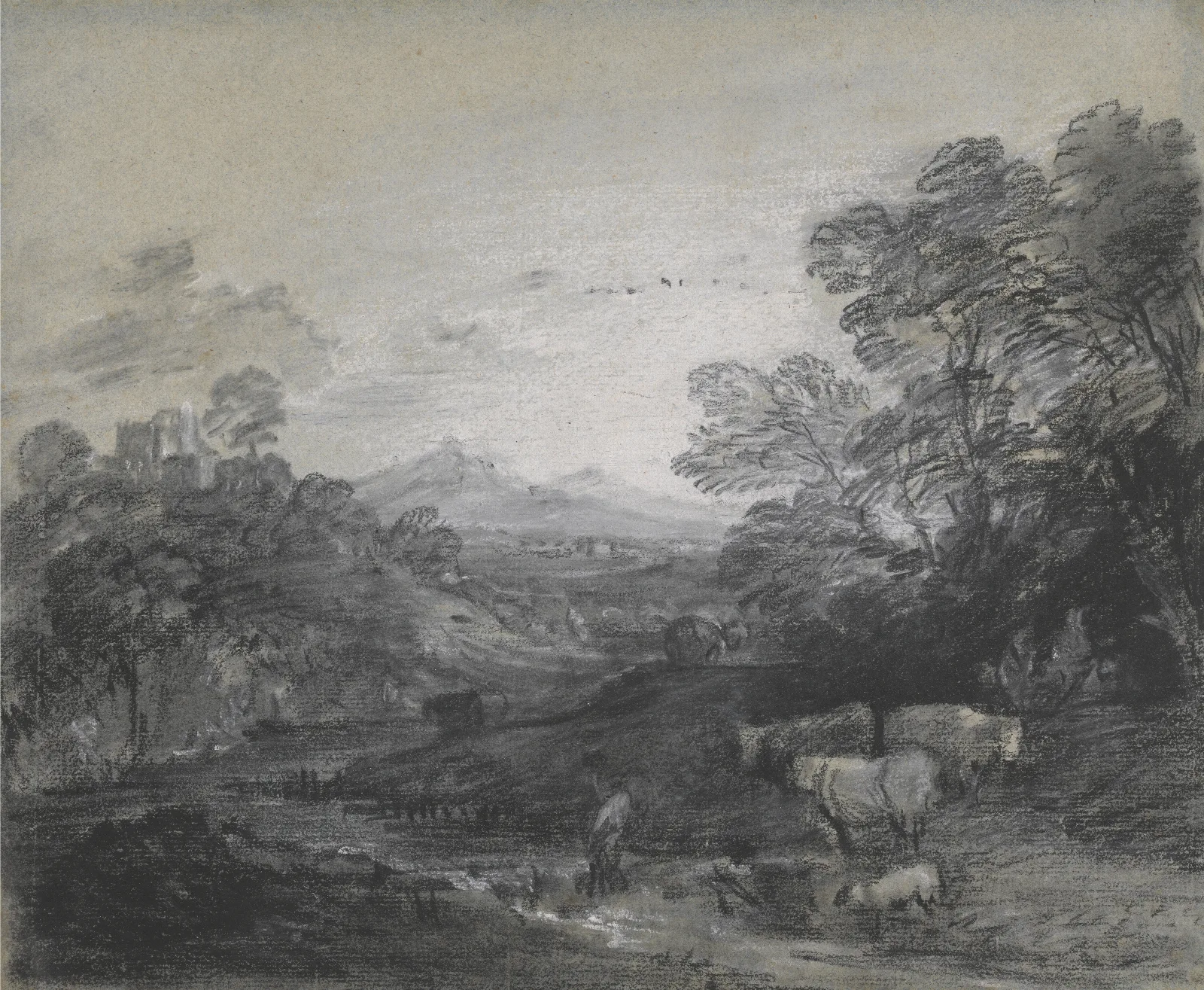 Wooded Landscape With Herdsmen And Cattle Buildings On A Hill And Rustic Lovers Wall Art by Thomas Gainsborough - Canvas Print