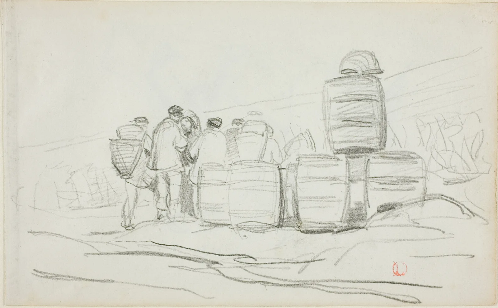 Study Of A Group Of People With Barrels Wall Art by Charles François Daubigny - Canvas Print