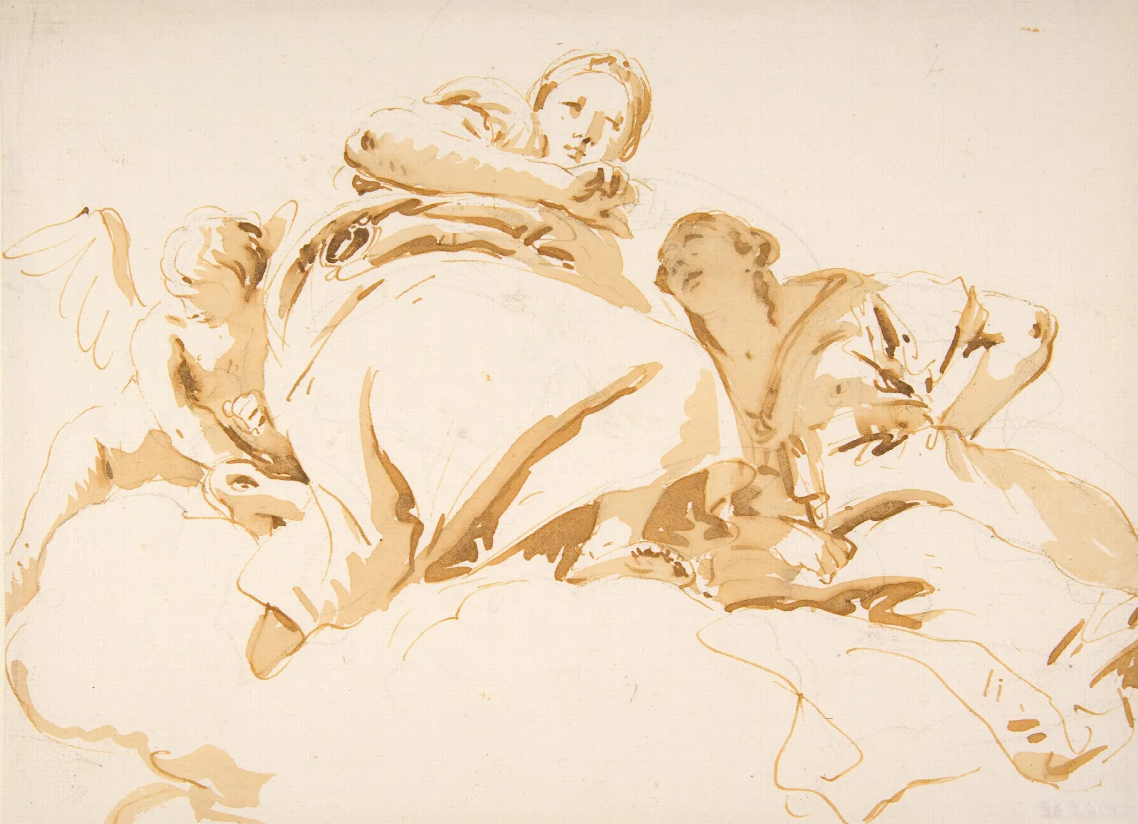 Two Women And A Winged Boy On Clouds Wall Art by Giovanni Battista Tiepolo - Canvas Print