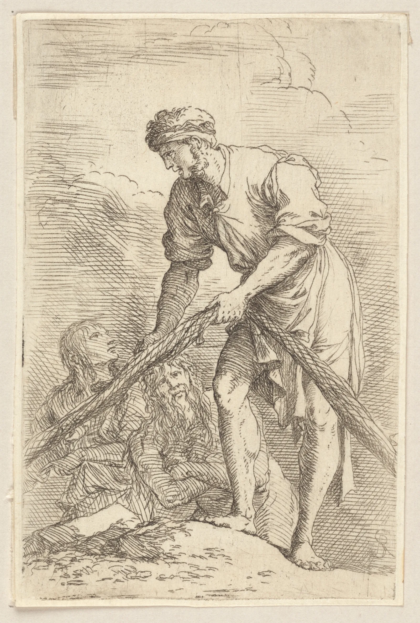 Man With Fishing Net And Two Other Figures Wall Art by Salvator Rosa - Canvas Print
