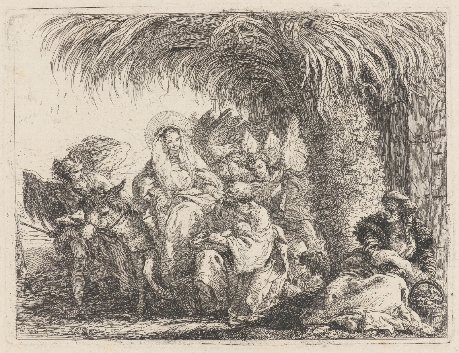 Joseph Kneels With The Child Before Mary On The Donkey Wall Art by Giovanni Domenico Tiepolo - Canvas Print