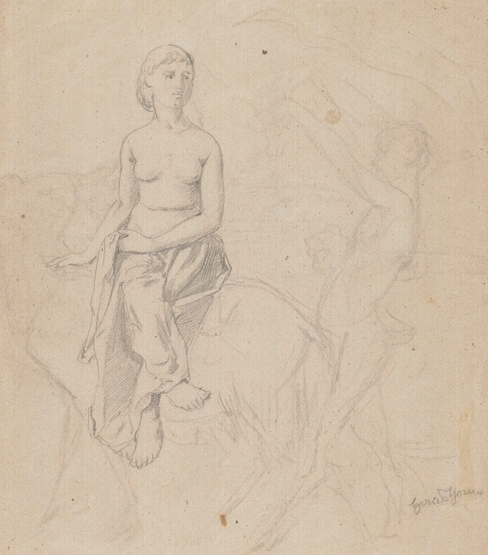 Semi Naked Female Riding A Goat And A Faun Next To Her Wall Art by Hans Thoma - Canvas Print
