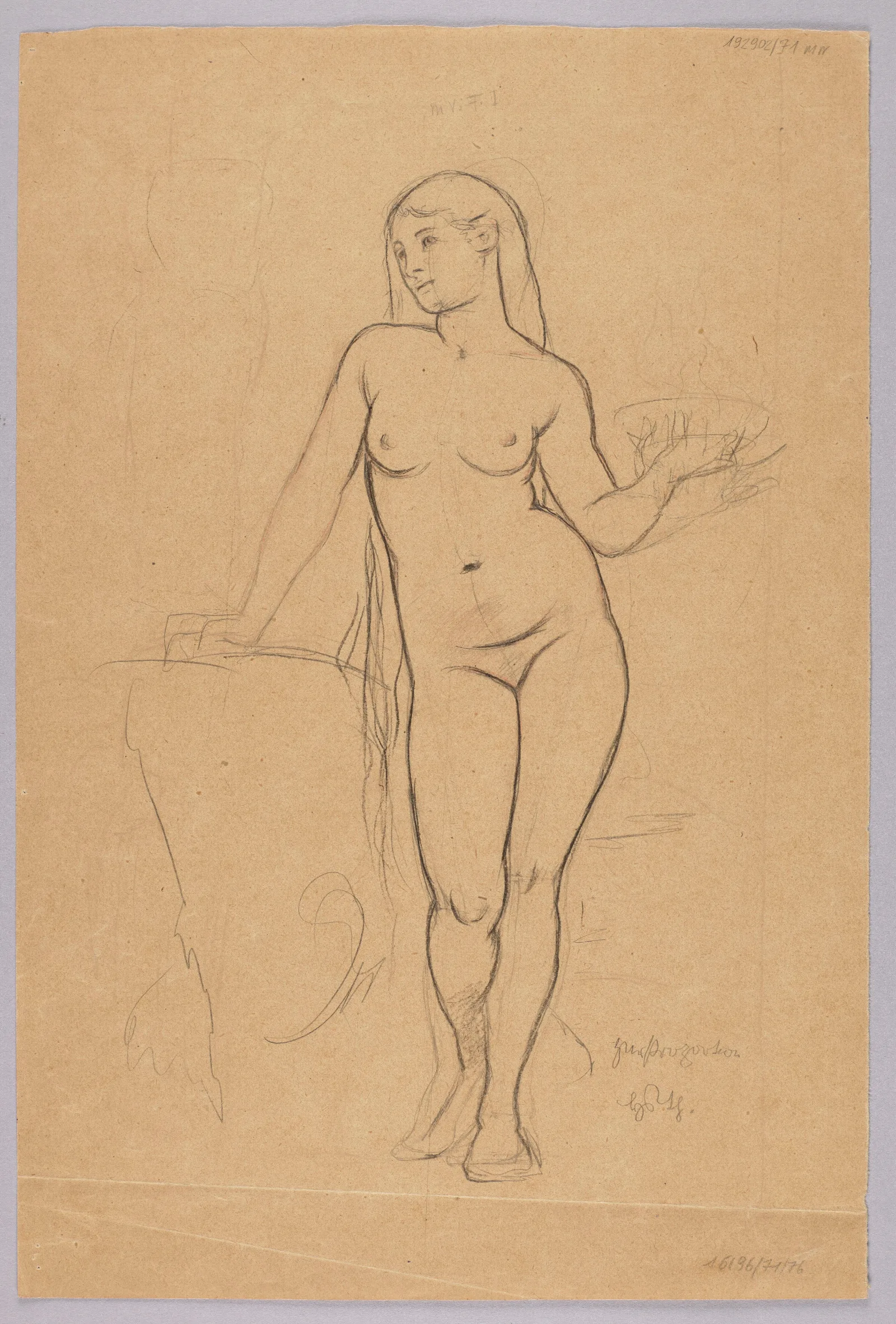 Study Of A Female Nude Holding A Bowl Wall Art by Hans Thoma - Canvas Print