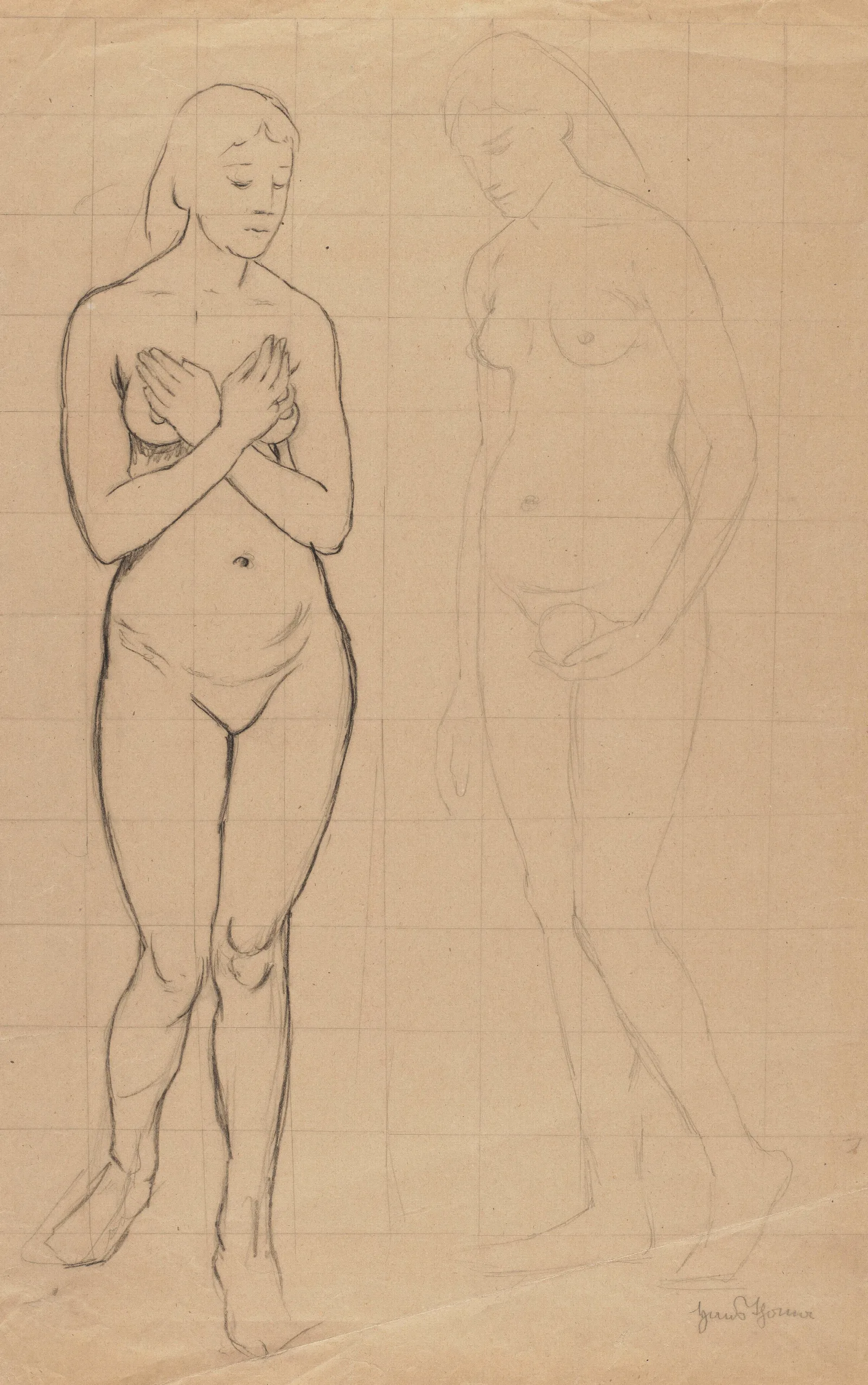 Two Female Nudes En Face With Arms Crossed Over The Chest Wall Art by Hans Thoma - Canvas Print