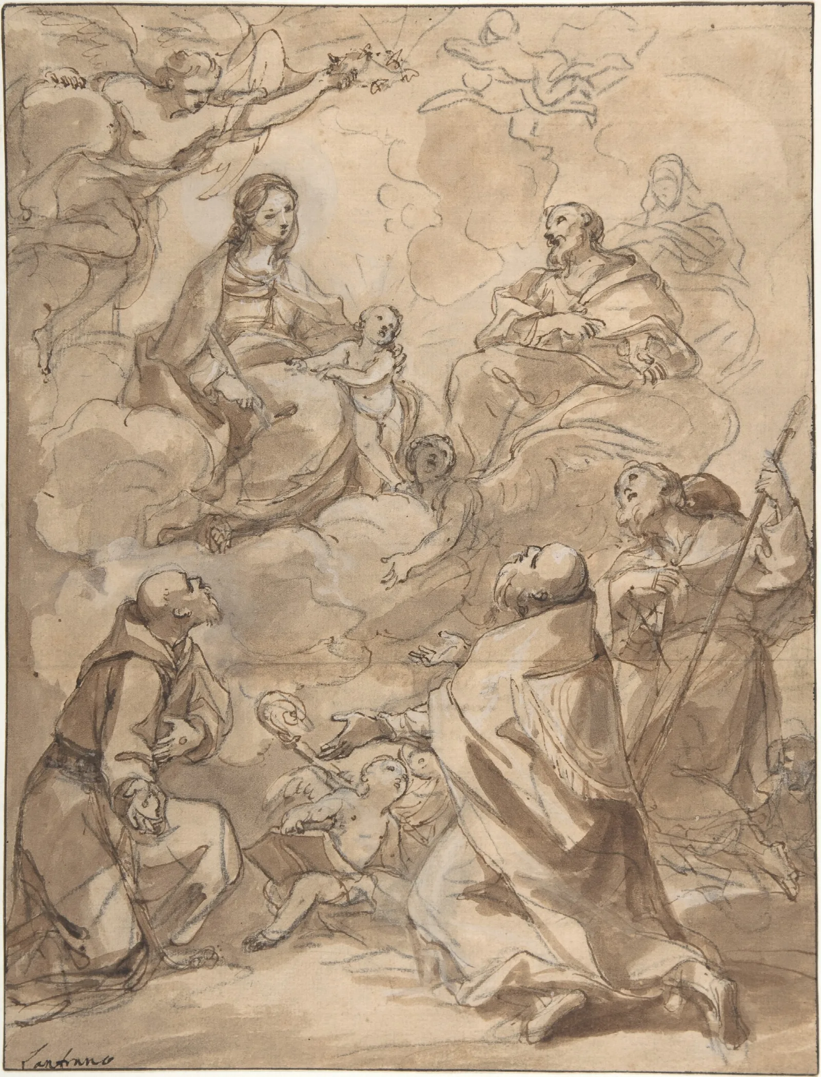 The Holy Family Appearing To St Francis St Augustine And St Roch Wall Art by Charles-Joseph Natoire - Canvas Print