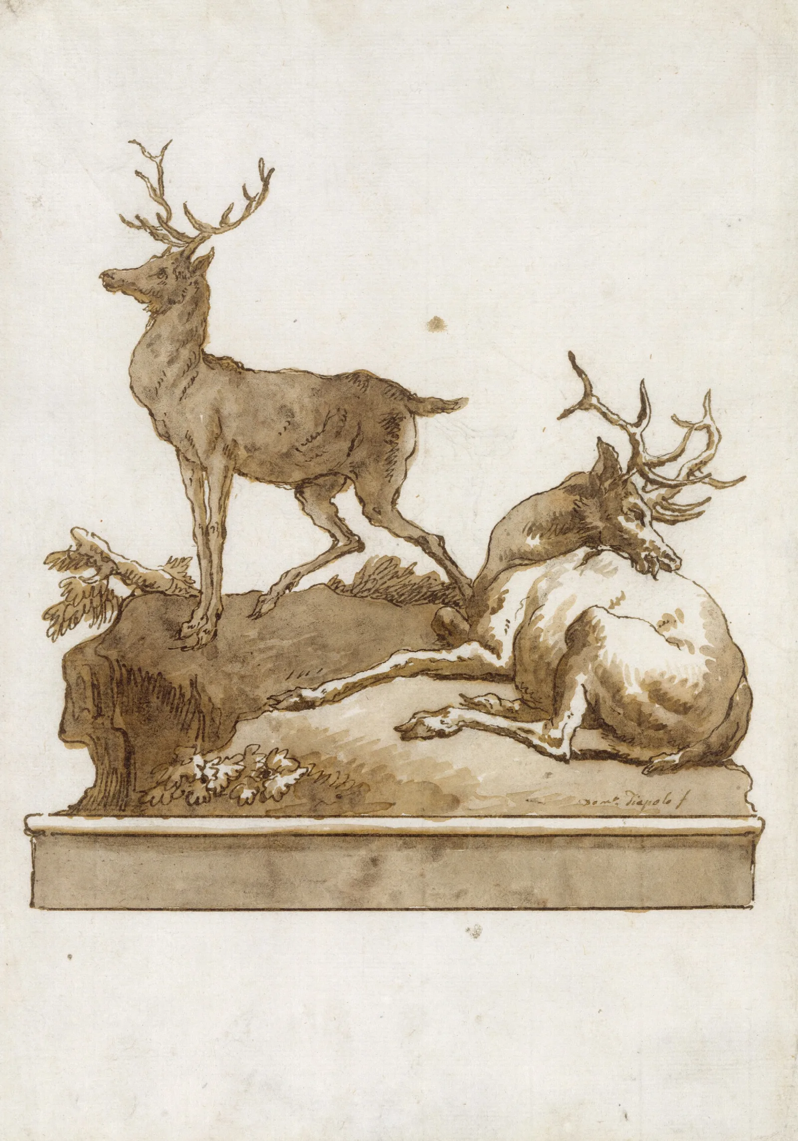 Two Stags One Standing And One Lying On A Grassy Knoll With A Base Wall Art by Giovanni Domenico Tiepolo - Canvas Print