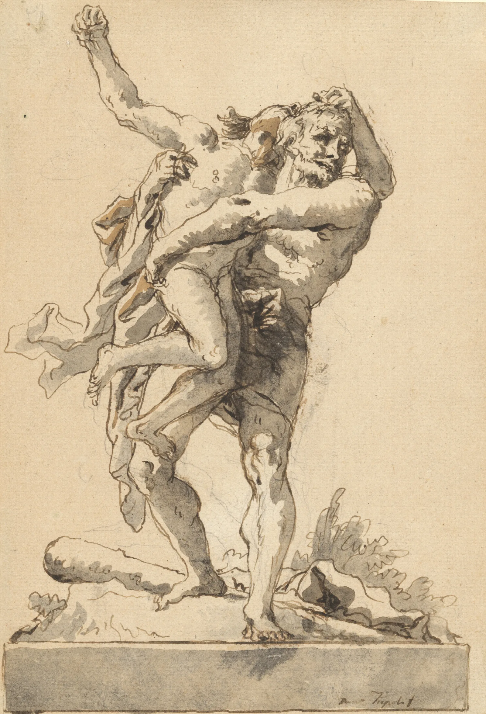 Hercules And Antaeus With A Base Below Wall Art by Giovanni Domenico Tiepolo - Canvas Print