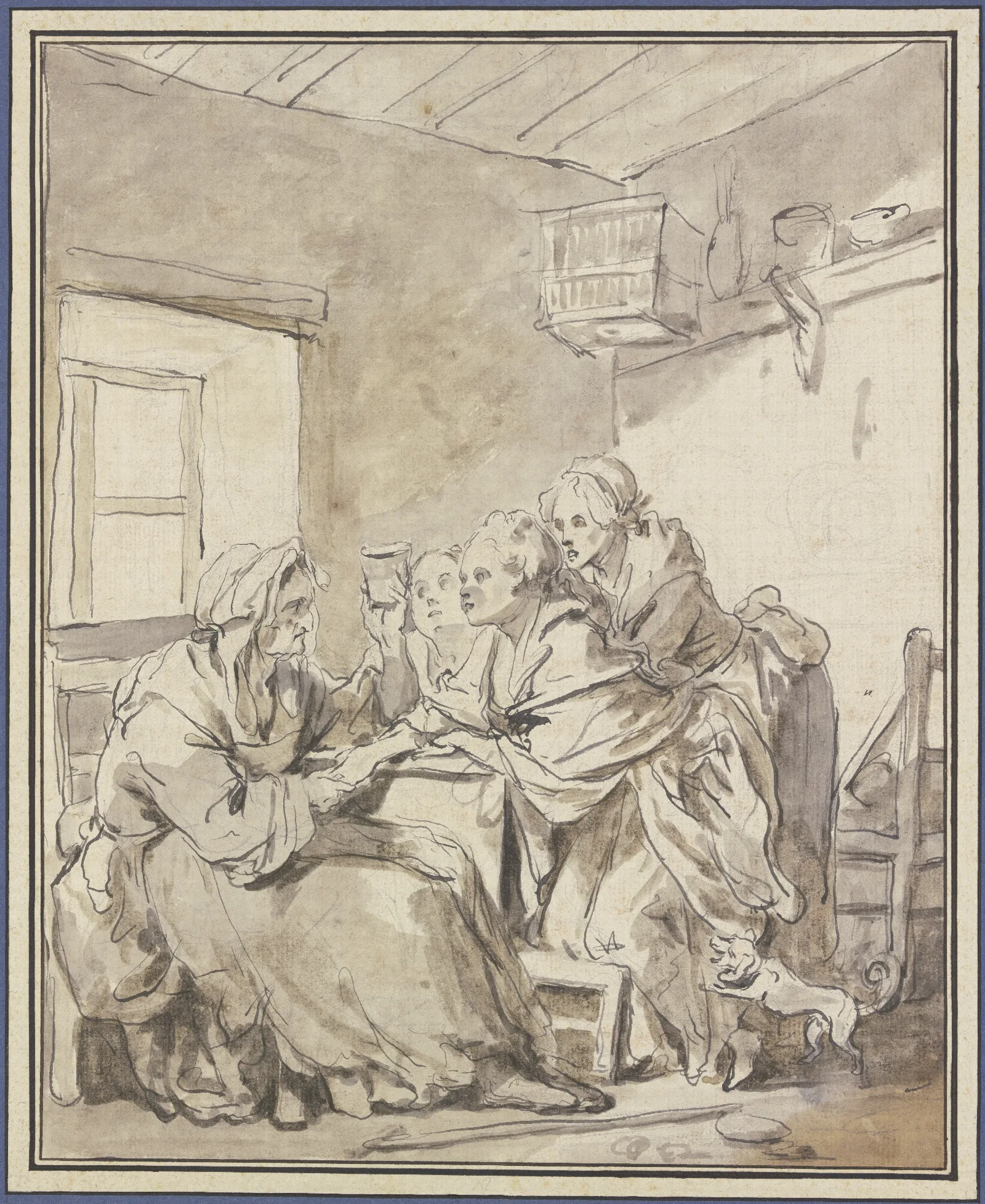 Alte Frau Drei Jungen Frauen Aus Einem Glase Wahrsagend Wall Art by Jean-Baptiste Greuze - Canvas Print