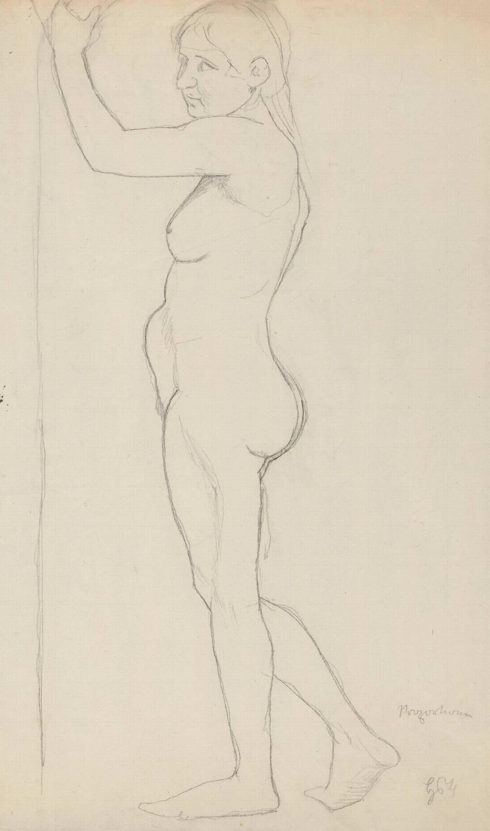 Female Nude In Profile With The Left Hand Raised Wall Art by Hans Thoma - Canvas Print