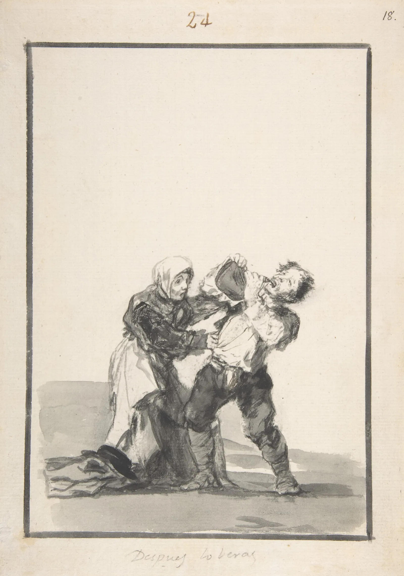 Youll See Later A Man Drinking A Woman Trying To Stop Him Wall Art by Francisco de Goya - Canvas Print
