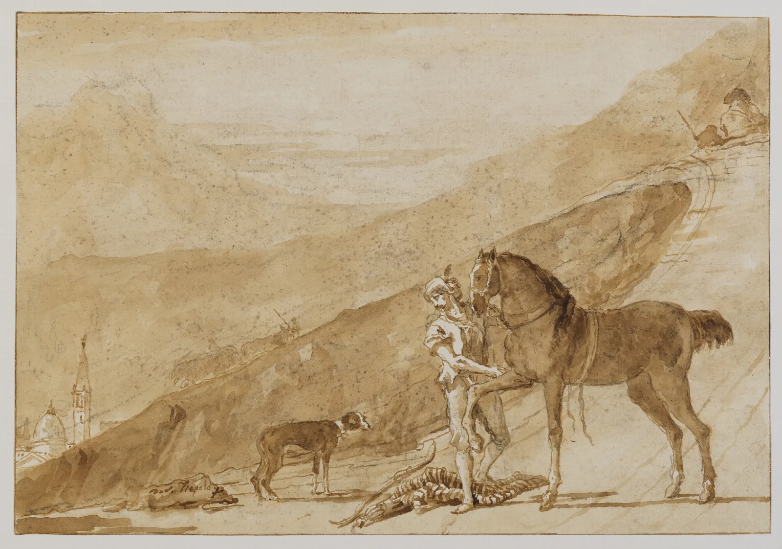 Landscape With A Horse Held By A Page Wall Art by Giovanni Domenico Tiepolo - Canvas Print