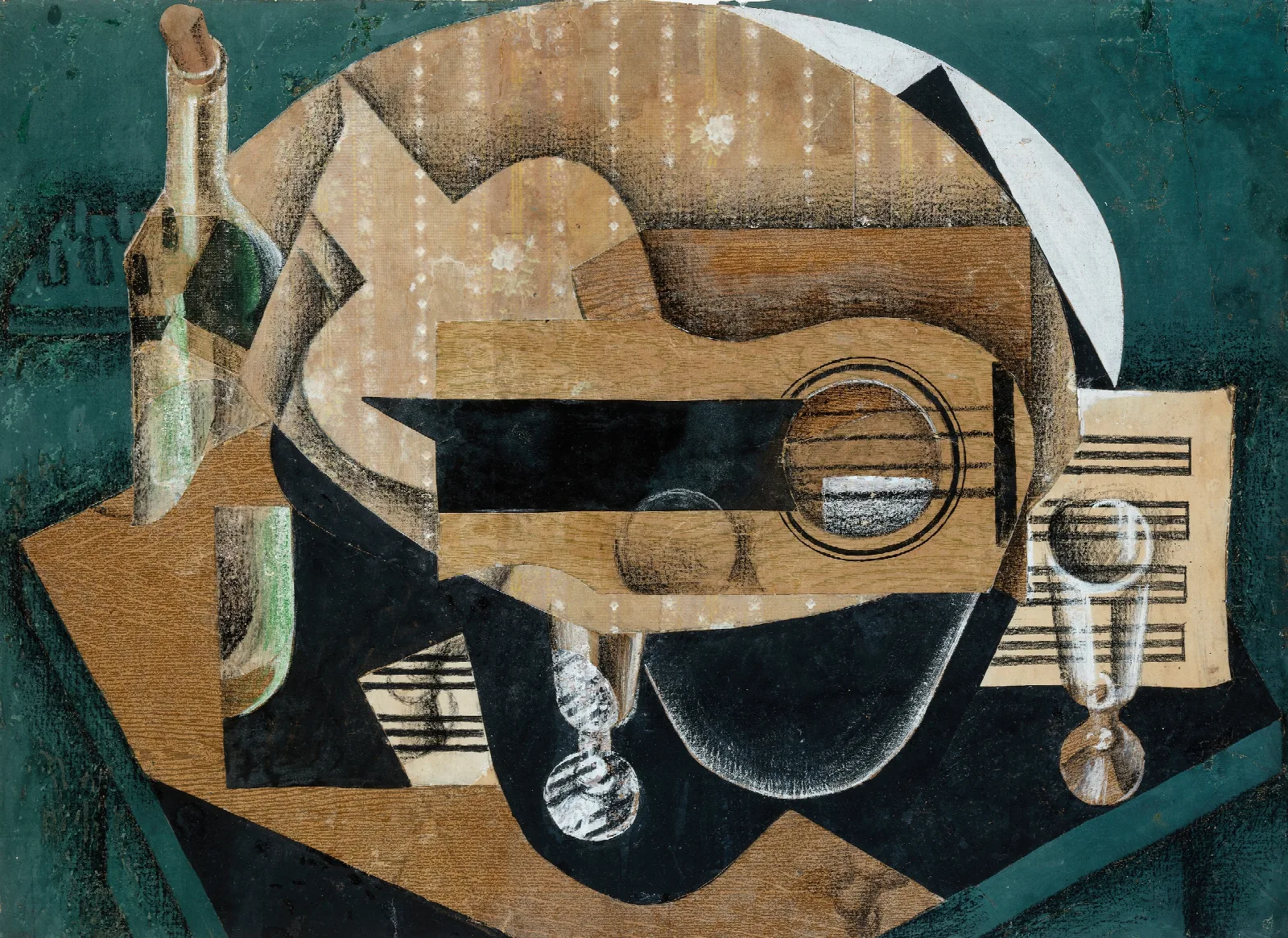 A Guitar Glasses And A Bottle Wall Art by Juan Gris - Canvas Print