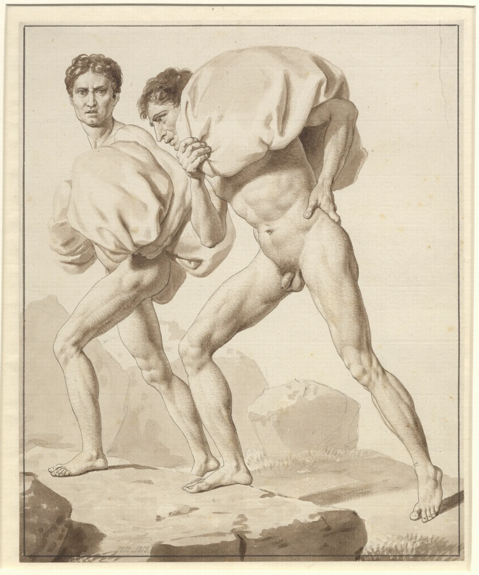 Studie Af To Nogne Maend Belaessede Med Byrder Pa Vej Op Ad Et Bjerg Wall Art by Christoffer Wilhelm Eckersberg - Canvas Print