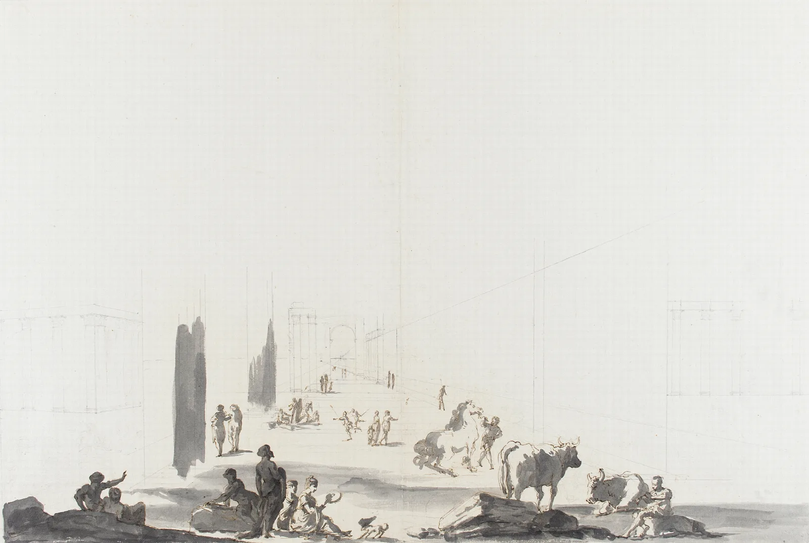 Figures And Animals In Deep Architectural Setting Wall Art by Gaetano Gandolfi - Canvas Print